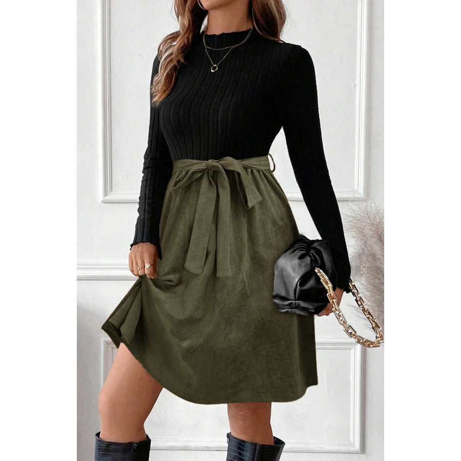 Black Ribbed Knit Slim Bodice Contrast Flared Skirt Patchwork Belted Dress Dresses/Mini Dresses