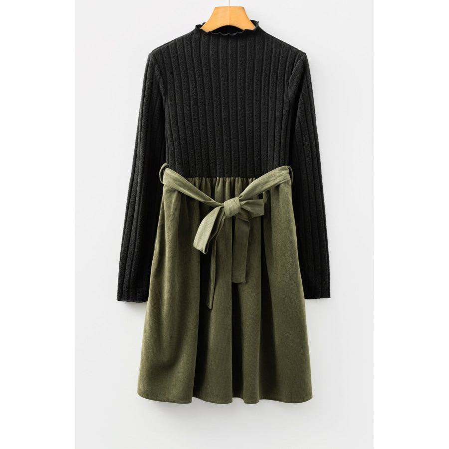 Black Ribbed Knit Slim Bodice Contrast Flared Skirt Patchwork Belted Dress Dresses/Mini Dresses