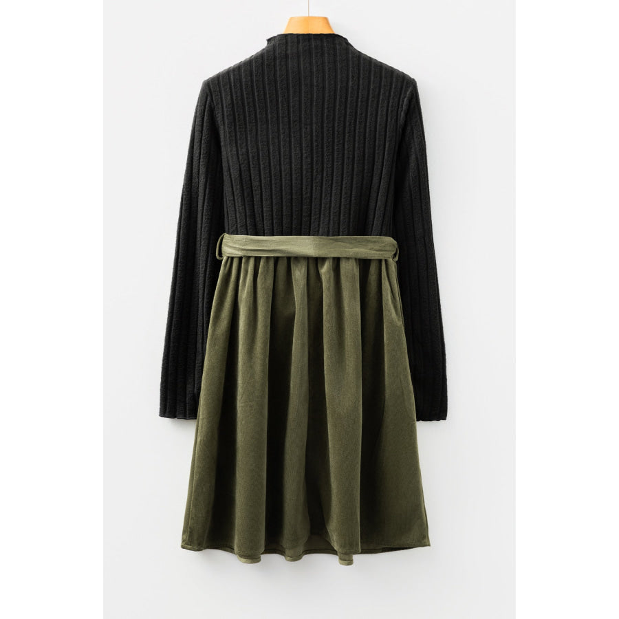 Black Ribbed Knit Slim Bodice Contrast Flared Skirt Patchwork Belted Dress Dresses/Mini Dresses