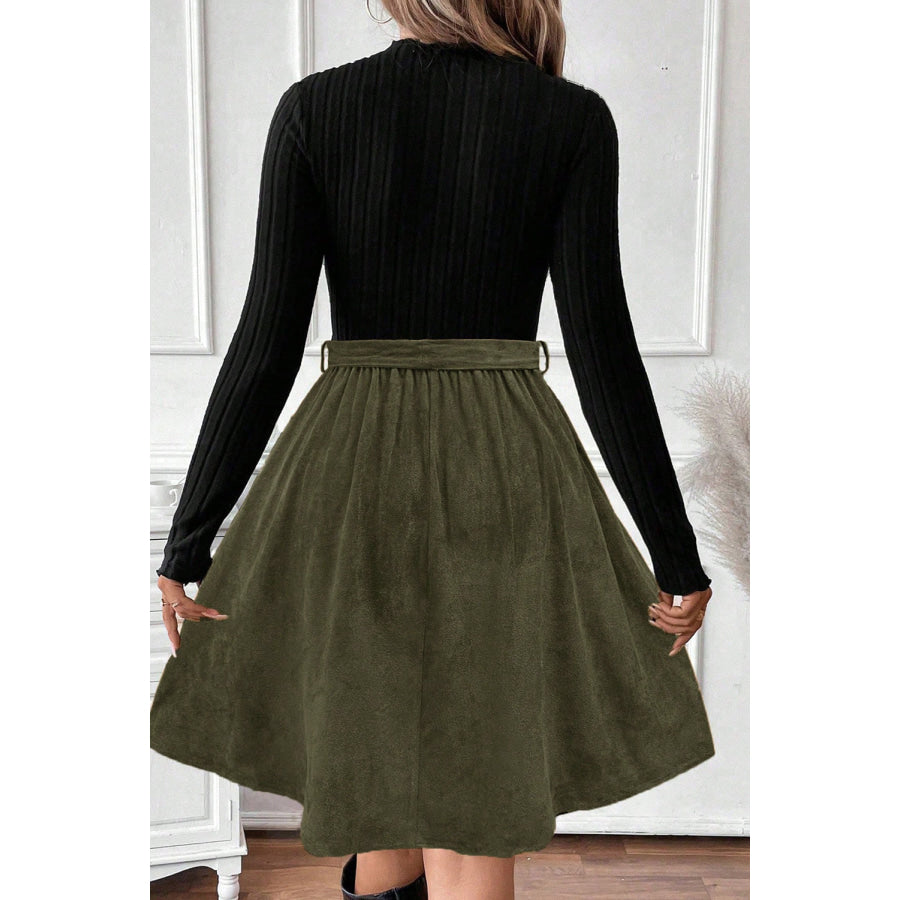 Black Ribbed Knit Slim Bodice Contrast Flared Skirt Patchwork Belted Dress Dresses/Mini Dresses