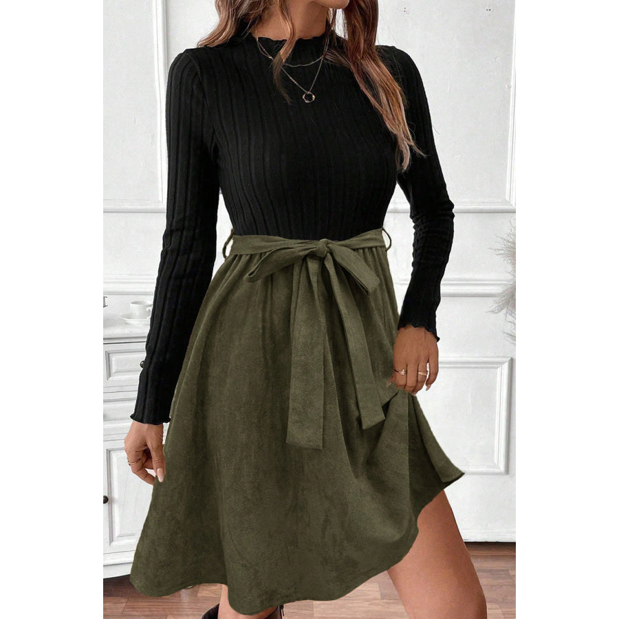 Black Ribbed Knit Slim Bodice Contrast Flared Skirt Patchwork Belted Dress Dresses/Mini Dresses