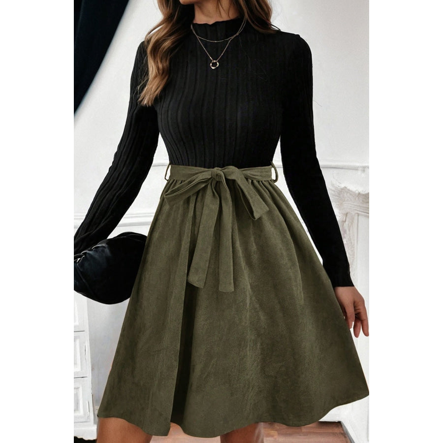 Black Ribbed Knit Slim Bodice Contrast Flared Skirt Patchwork Belted Dress Black / S / 95% Polyester + 5% Elastane Dresses/Mini Dresses
