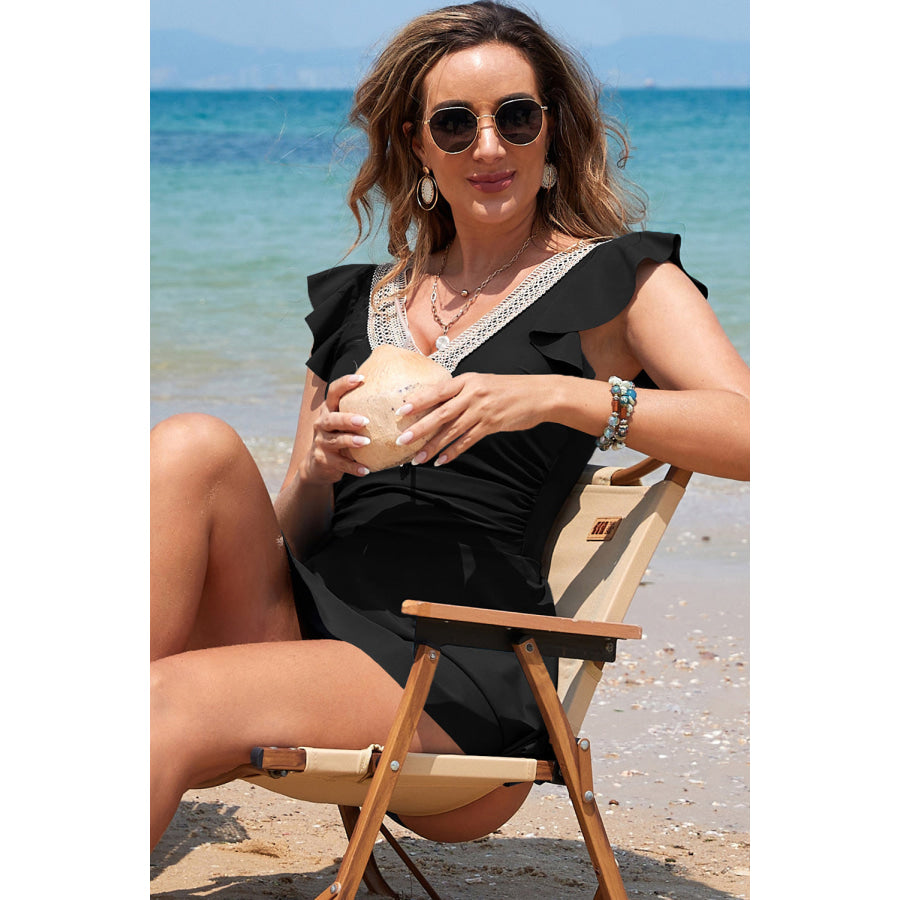 Black Ruffled Short Sleeve Lace Trim V Neck One Piece Swim Dress Swimwear/Swim Dresses