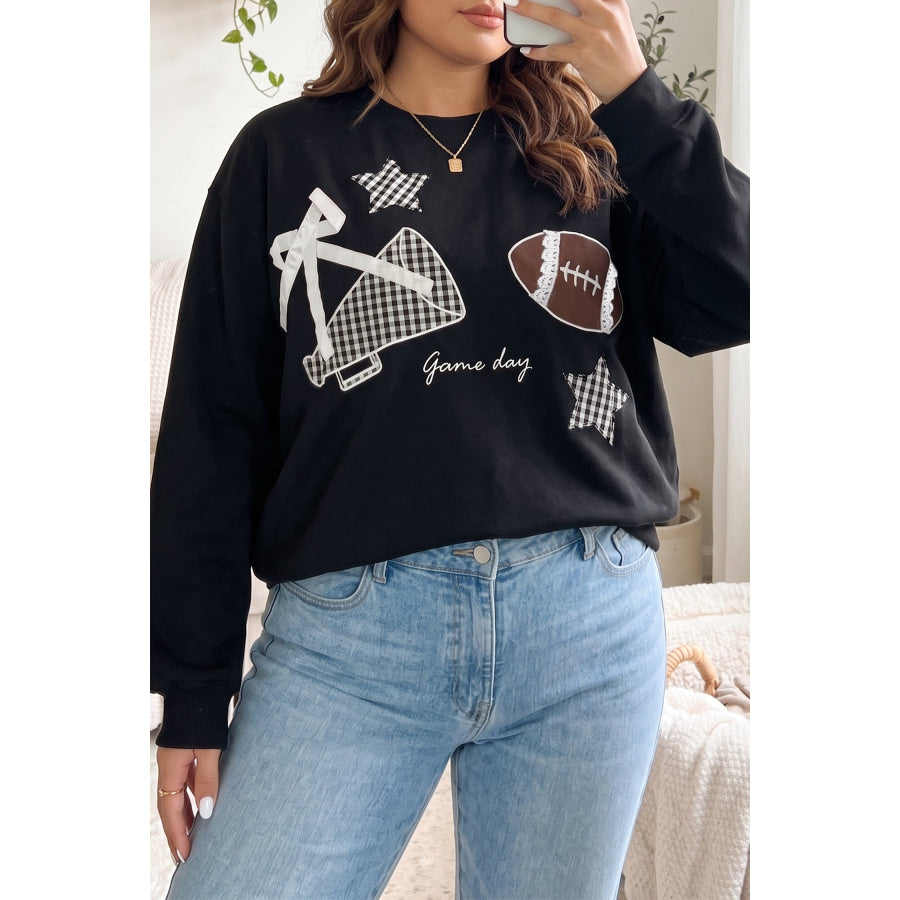 Black Rugby Game Day Patchwork Graphic Plus Size Sweatshirt / 1X Size/Plus Sweatshirts & Hoodies