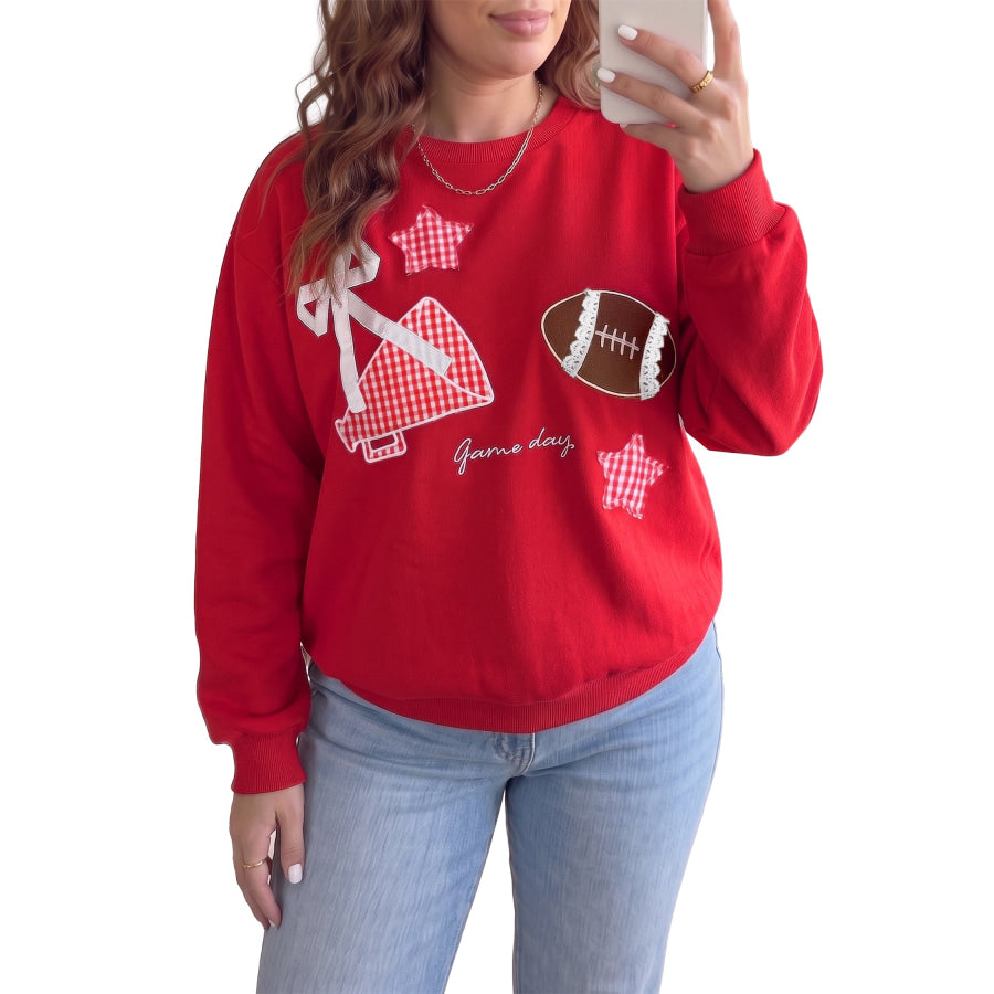 Black Rugby Game Day Patchwork Graphic Plus Size Sweatshirt Size/Plus Sweatshirts & Hoodies