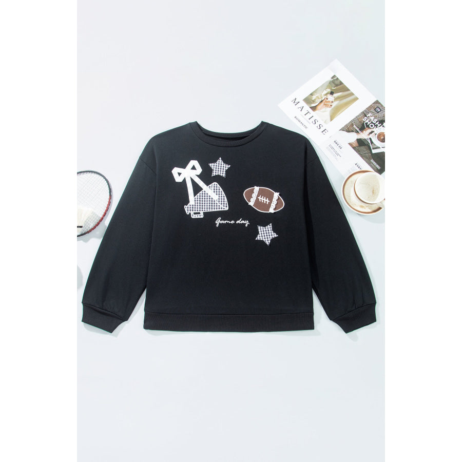 Black Rugby Game Day Patchwork Graphic Plus Size Sweatshirt Size/Plus Sweatshirts & Hoodies