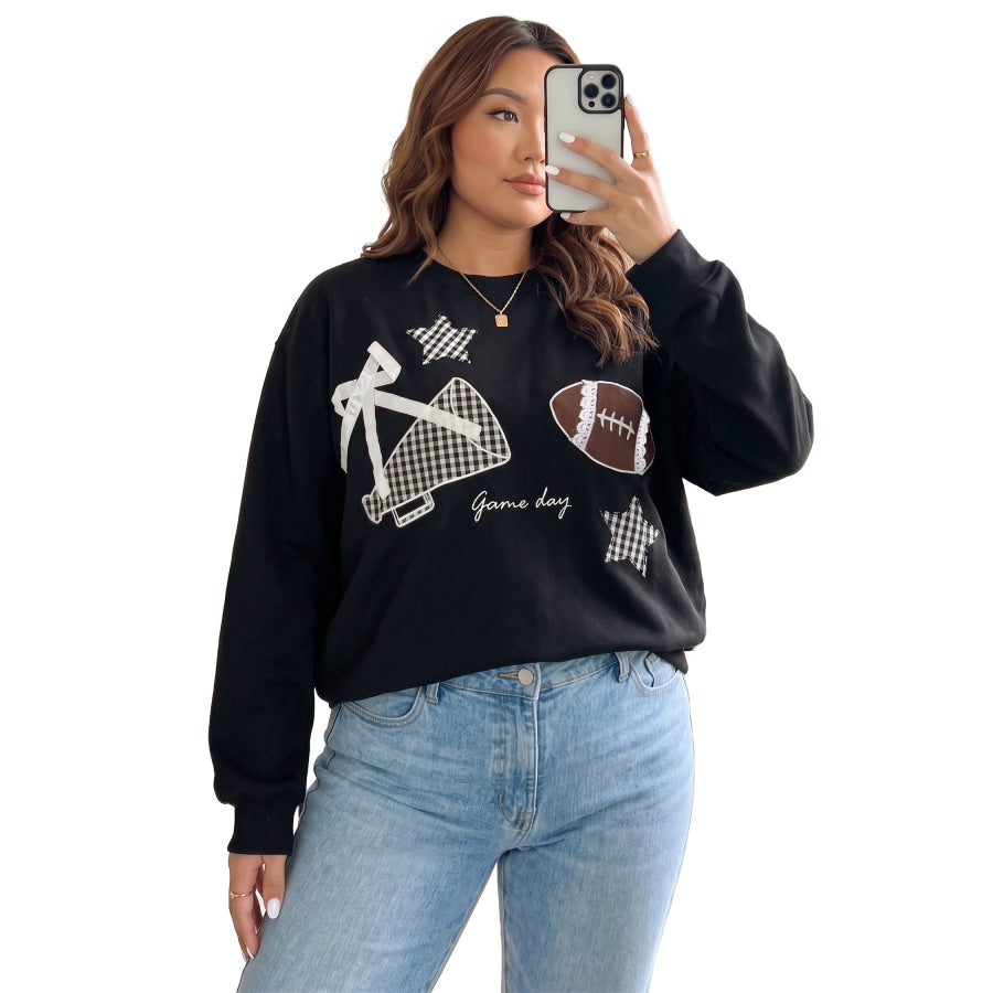 Black Rugby Game Day Patchwork Graphic Plus Size Sweatshirt Size/Plus Sweatshirts & Hoodies