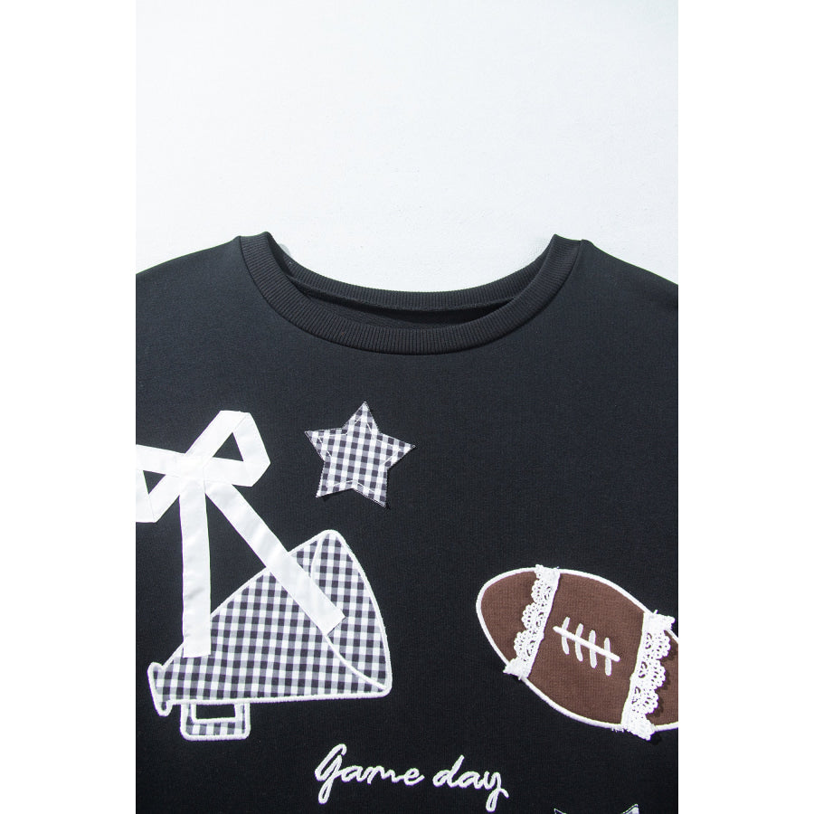Black Rugby Game Day Patchwork Graphic Plus Size Sweatshirt Size/Plus Sweatshirts & Hoodies