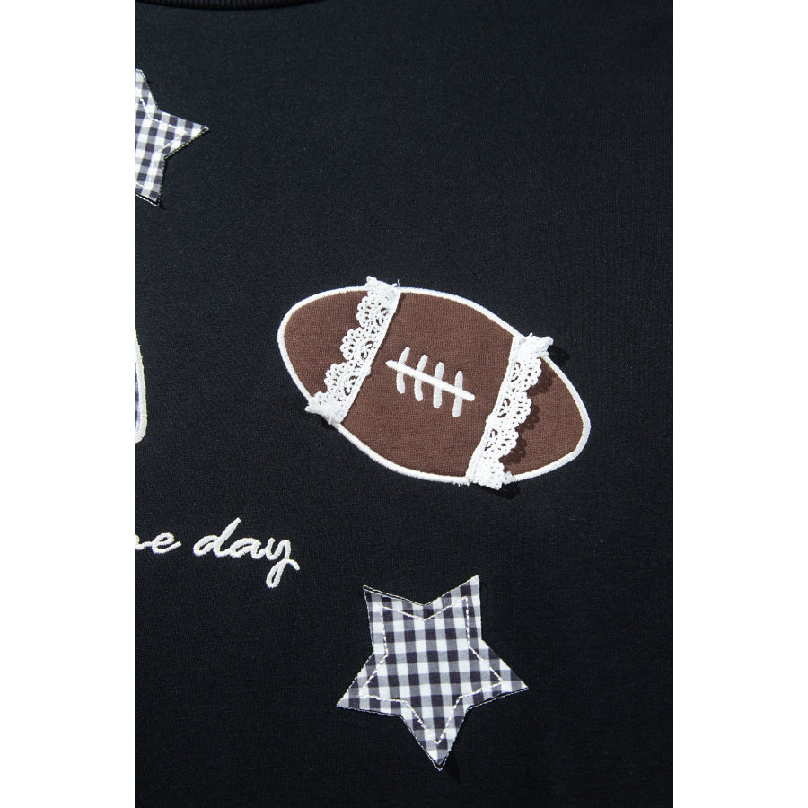 Black Rugby Game Day Patchwork Graphic Plus Size Sweatshirt Size/Plus Sweatshirts & Hoodies