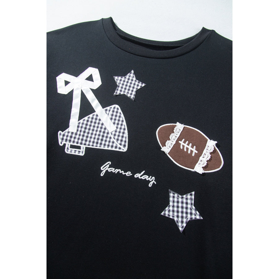 Black Rugby Game Day Patchwork Graphic Plus Size Sweatshirt Size/Plus Sweatshirts & Hoodies
