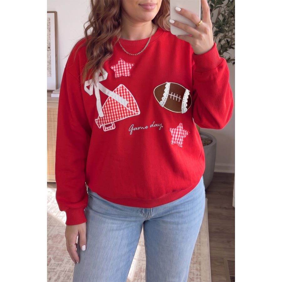 Black Rugby Game Day Patchwork Graphic Plus Size Sweatshirt Size/Plus Sweatshirts & Hoodies