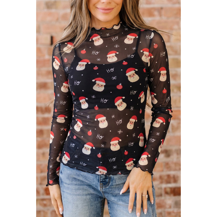Black Santa Print Sheer Stand Neck Long Sleeve Top Black / S / 95% Polyester + 5% Elastane Tops/Long Sleeve Tops