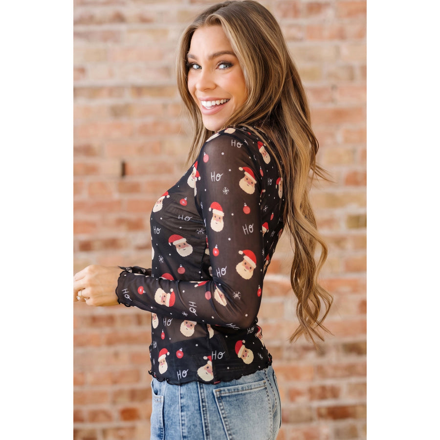 Black Santa Print Sheer Stand Neck Long Sleeve Top Tops/Long Sleeve Tops