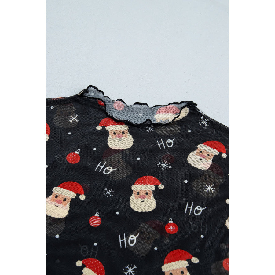 Black Santa Print Sheer Stand Neck Long Sleeve Top Tops/Long Sleeve Tops