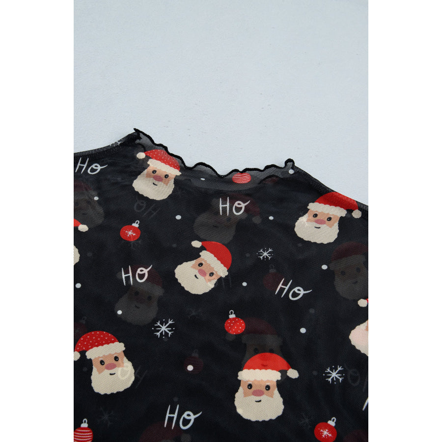 Black Santa Print Sheer Stand Neck Long Sleeve Top Tops/Long Sleeve Tops