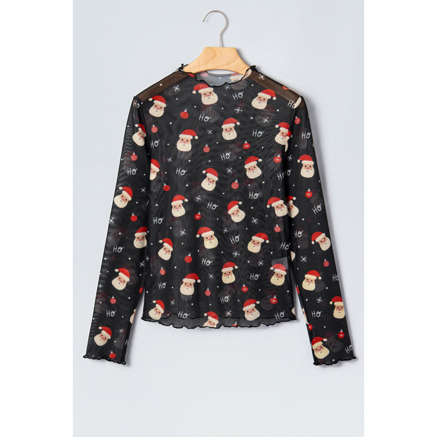 Black Santa Print Sheer Stand Neck Long Sleeve Top Tops/Long Sleeve Tops