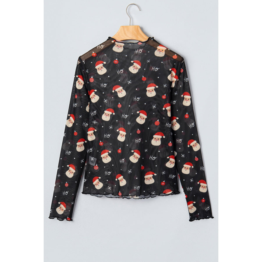 Black Santa Print Sheer Stand Neck Long Sleeve Top Tops/Long Sleeve Tops