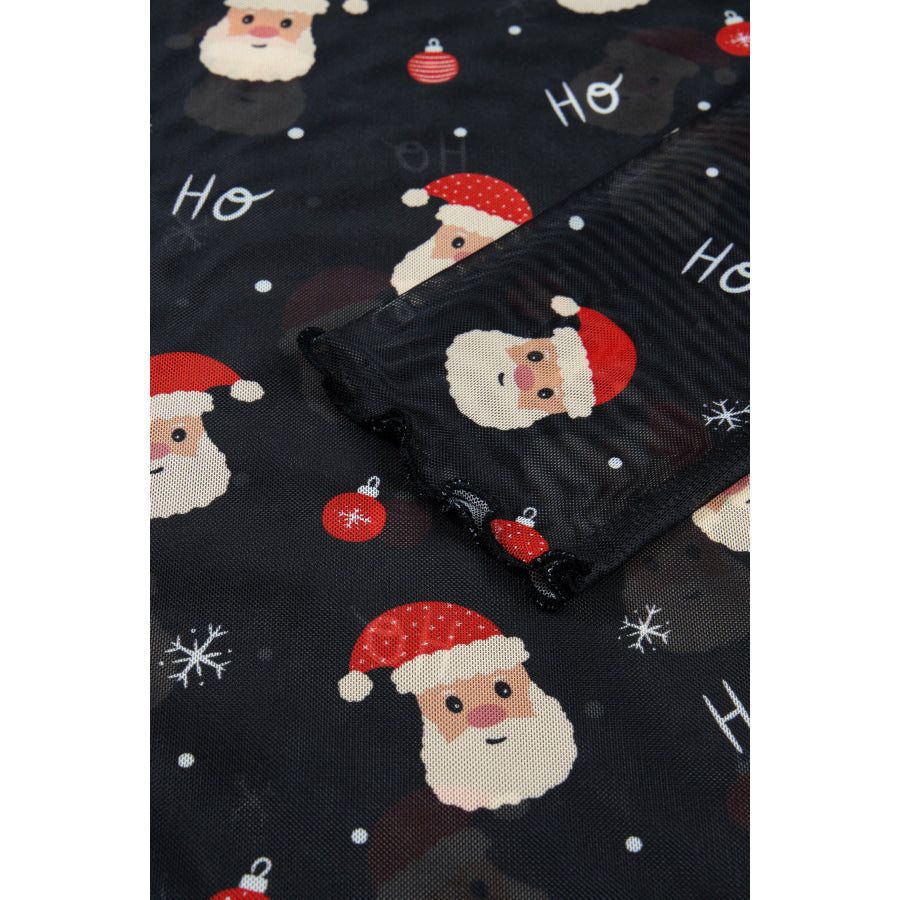Black Santa Print Sheer Stand Neck Long Sleeve Top Tops/Long Sleeve Tops