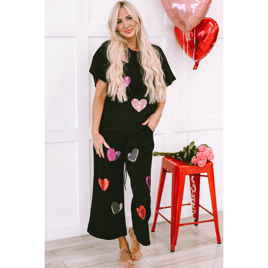 Black Sequin Heart Popping Graphic Textured 2pcs Outfit Graphic/Graphic Sets