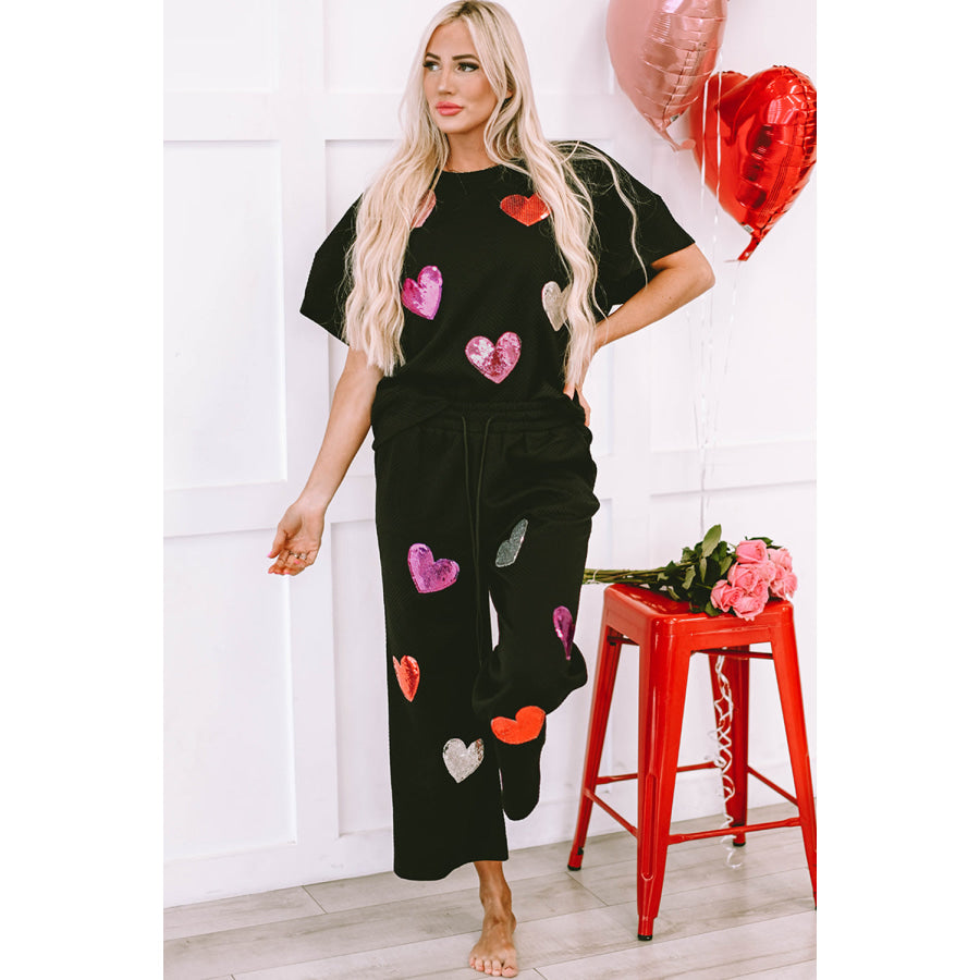 Black Sequin Heart Popping Graphic Textured 2pcs Outfit Black / S / 95% Polyester + 5% Elastane Graphic/Graphic Sets