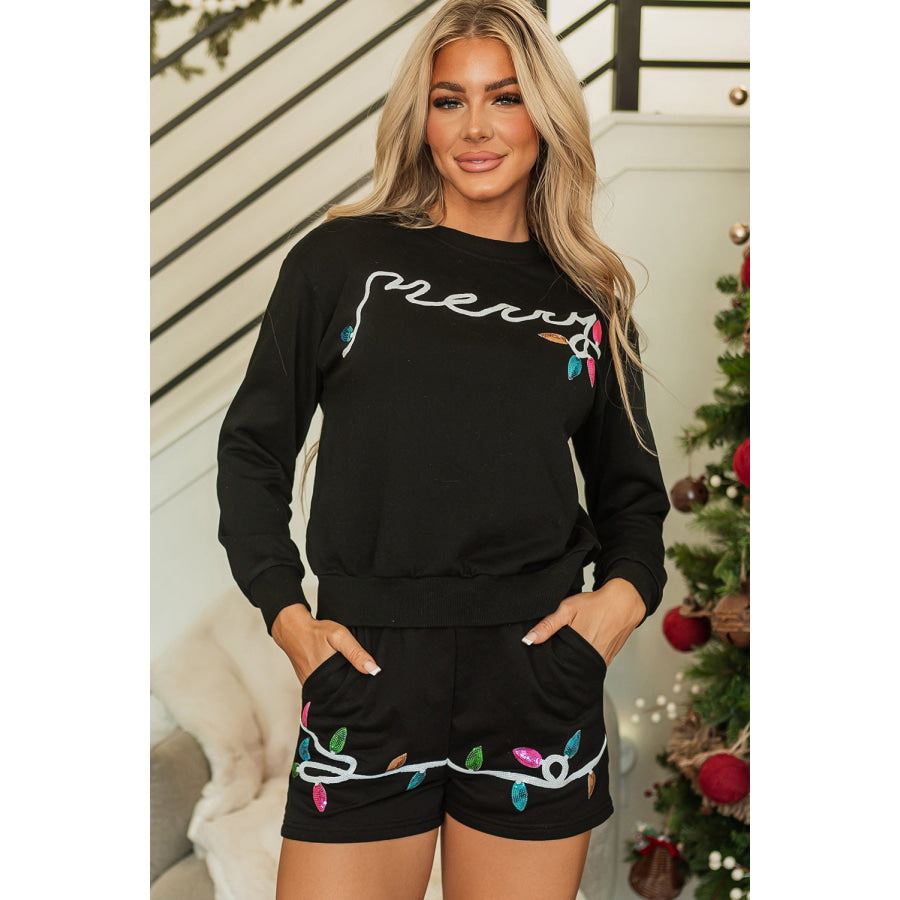 Black Sequin Merry Graphic Pullover and Shorts Outfit Two Piece Sets/Short Sets