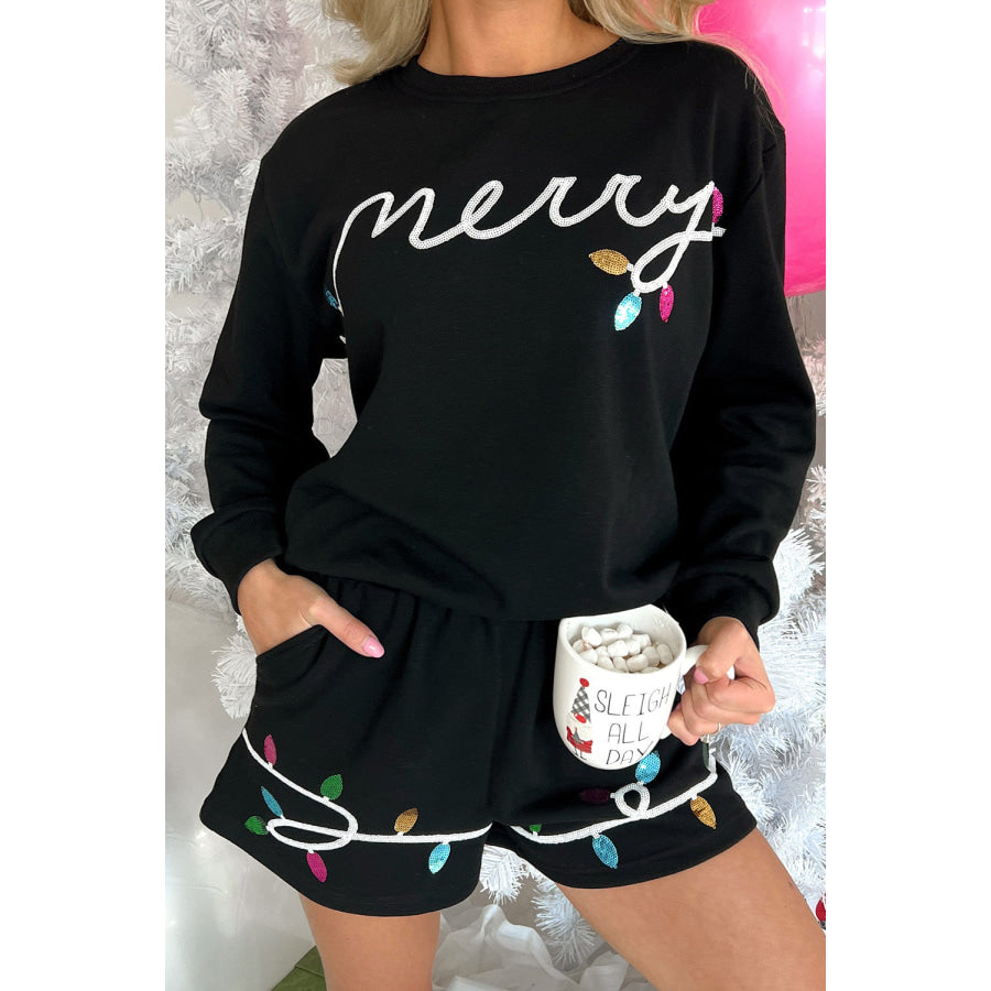 Black Sequin Merry Graphic Pullover and Shorts Outfit Black / XS / 70% Polyester + 30% Cotton Two Piece Sets/Short Sets