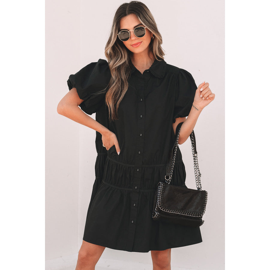 Black Shirt Style Button Down Puff Sleeve Ruffle Hem Dress Dresses/Mini Dresses
