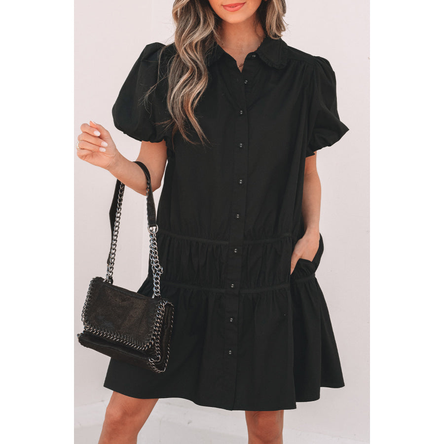 Black Shirt Style Button Down Puff Sleeve Ruffle Hem Dress Dresses/Mini Dresses