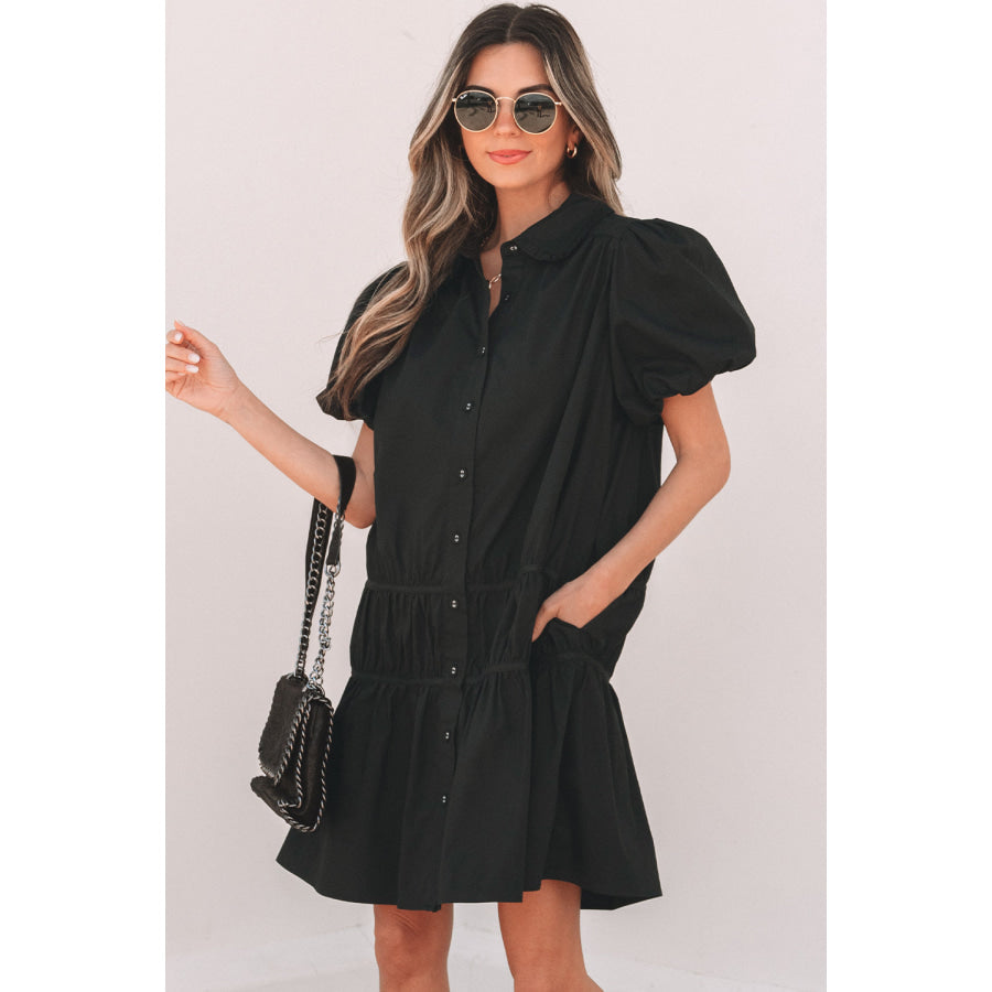 Black Shirt Style Button Down Puff Sleeve Ruffle Hem Dress Dresses/Mini Dresses
