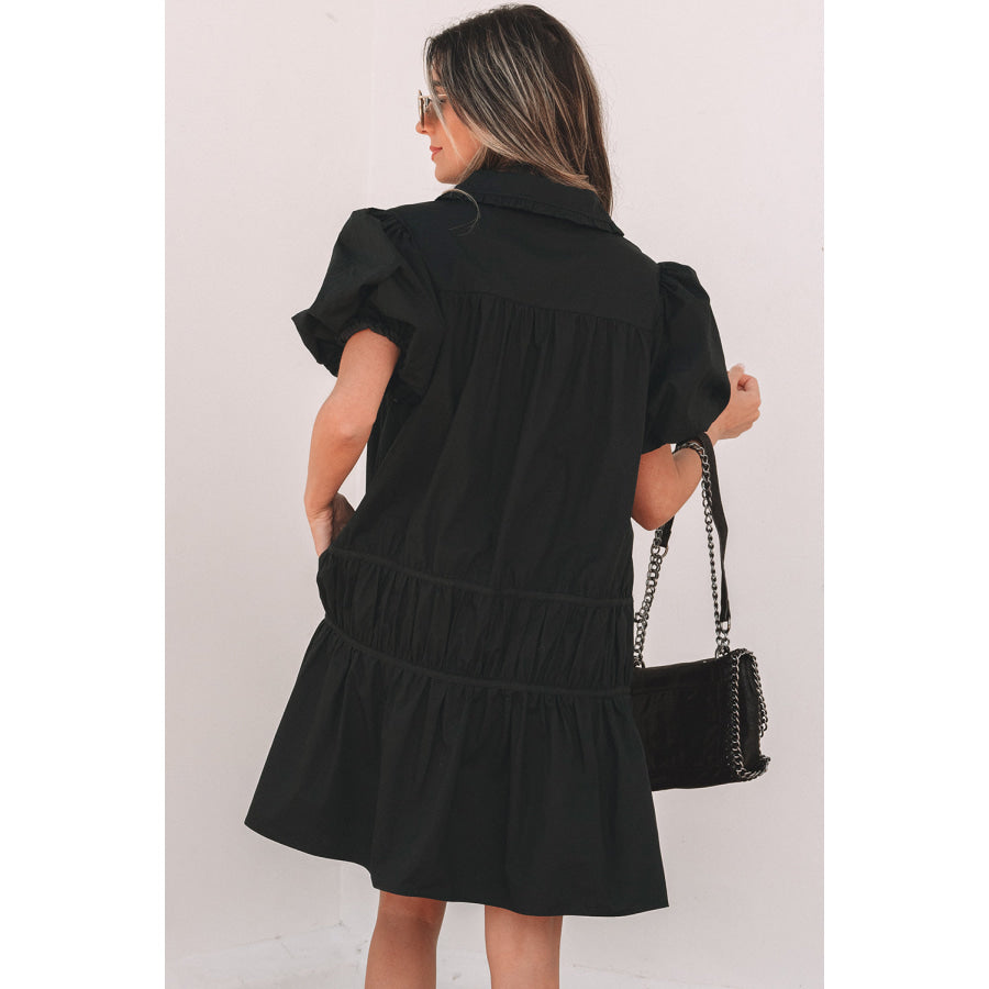 Black Shirt Style Button Down Puff Sleeve Ruffle Hem Dress Dresses/Mini Dresses