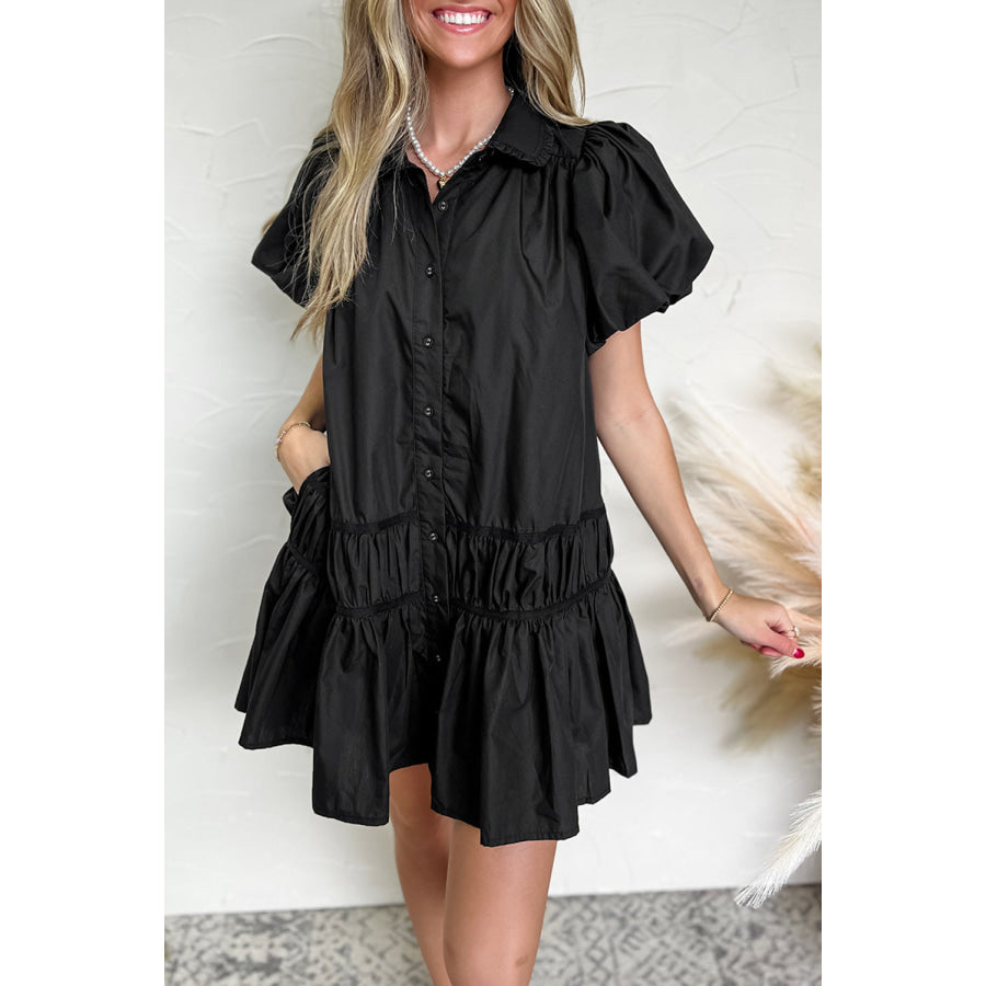 Black Shirt Style Button Down Puff Sleeve Ruffle Hem Dress Dresses/Mini Dresses
