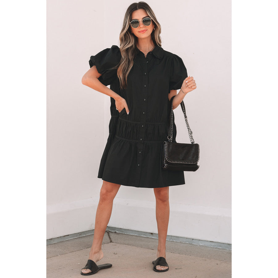 Black Shirt Style Button Down Puff Sleeve Ruffle Hem Dress Dresses/Mini Dresses