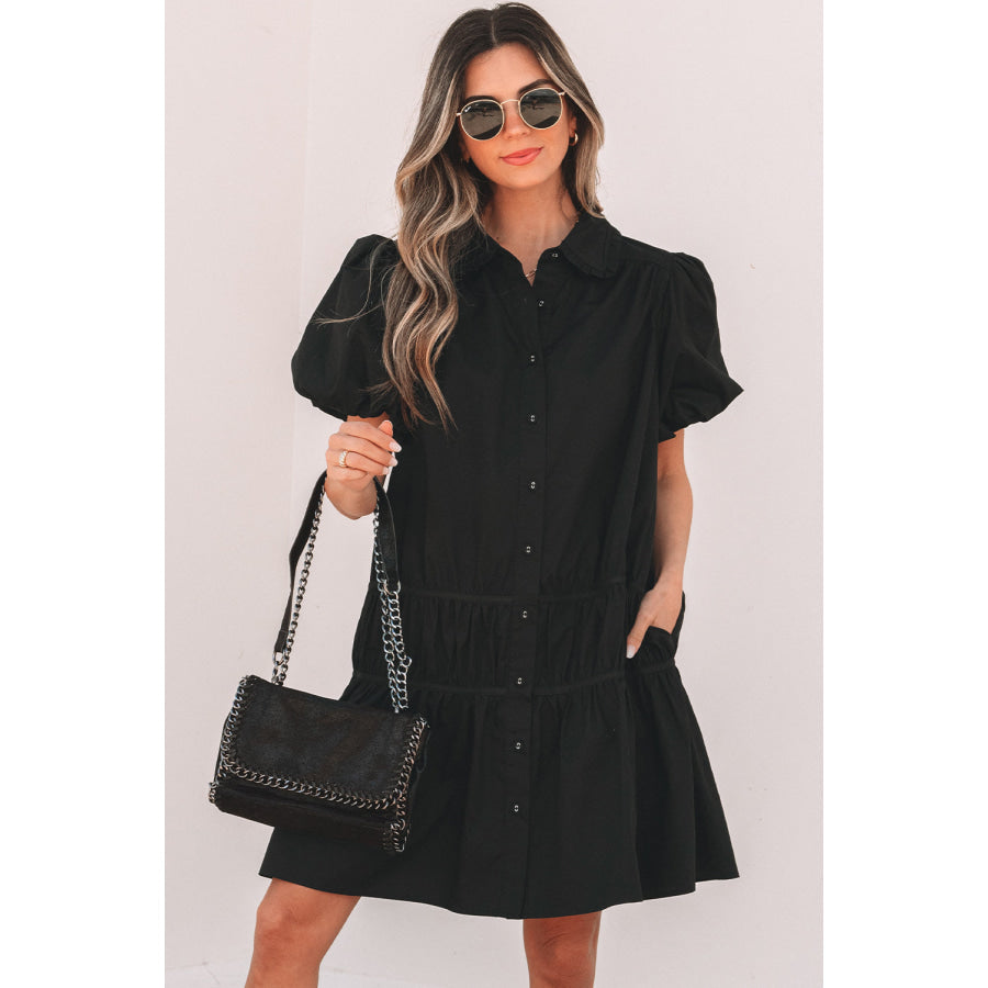 Black Shirt Style Button Down Puff Sleeve Ruffle Hem Dress Dresses/Mini Dresses