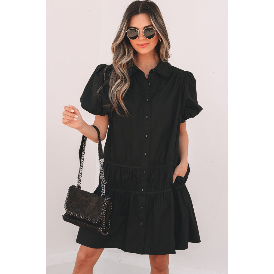 Black Shirt Style Button Down Puff Sleeve Ruffle Hem Dress Black / S / 100% Cotton Dresses/Mini Dresses