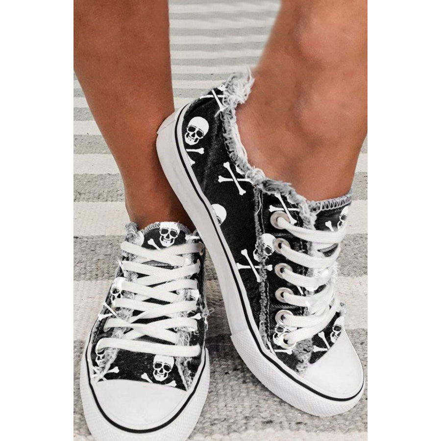 Black Skull Print Lace-up Canvas Sneakers Black / 4.5 / 100% PVC Plastic Shoes &amp; Bags/Women’s Shoes