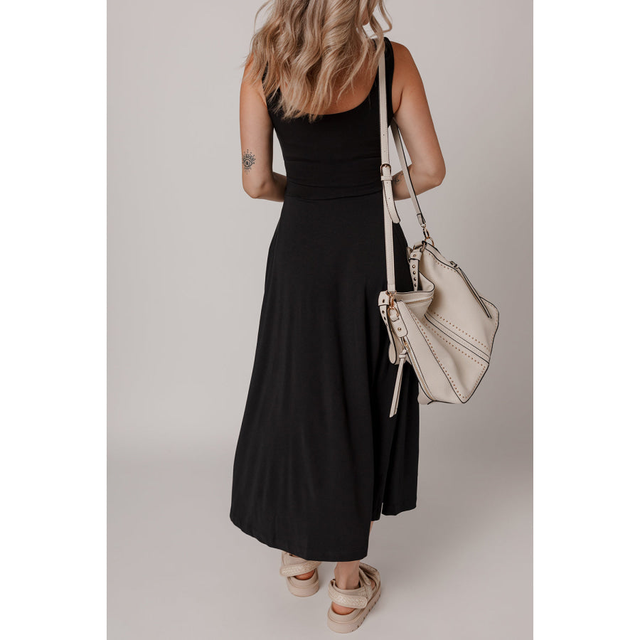Black Sleeveless Scoop Neck Flared Split Midi Dress Dresses/Midi Dresses