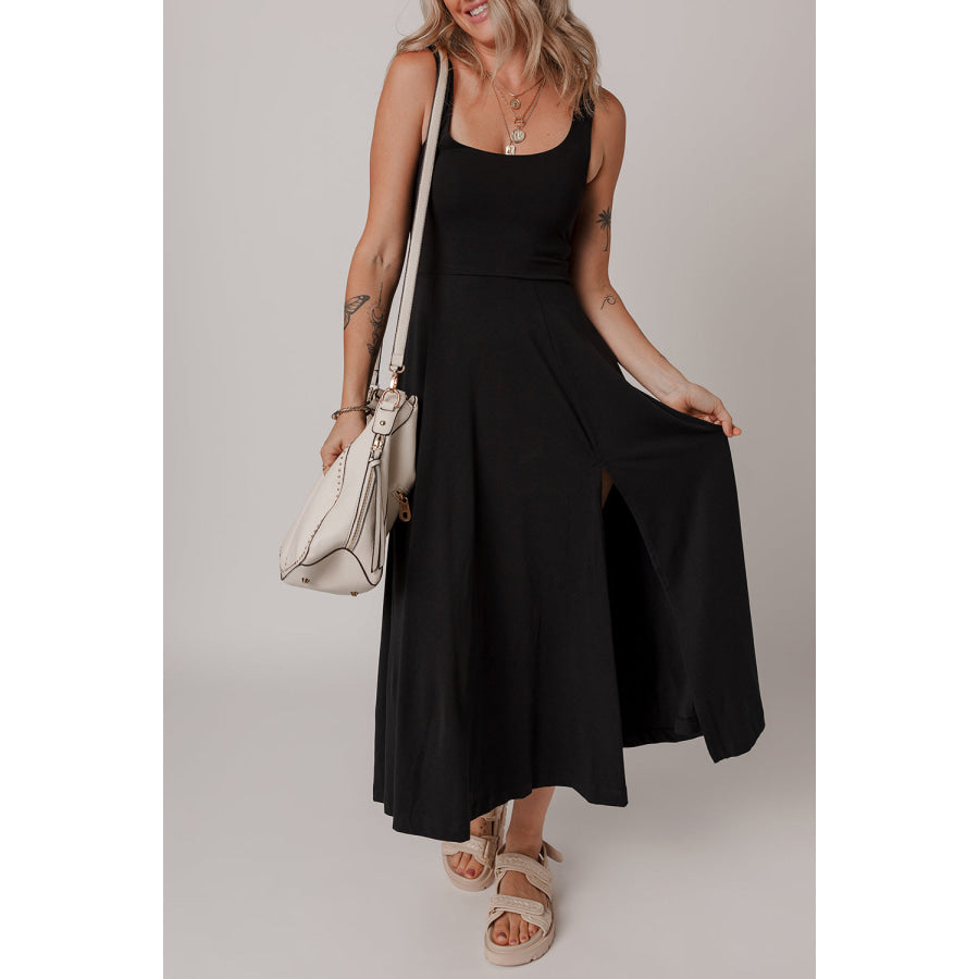 Black Sleeveless Scoop Neck Flared Split Midi Dress Dresses/Midi Dresses