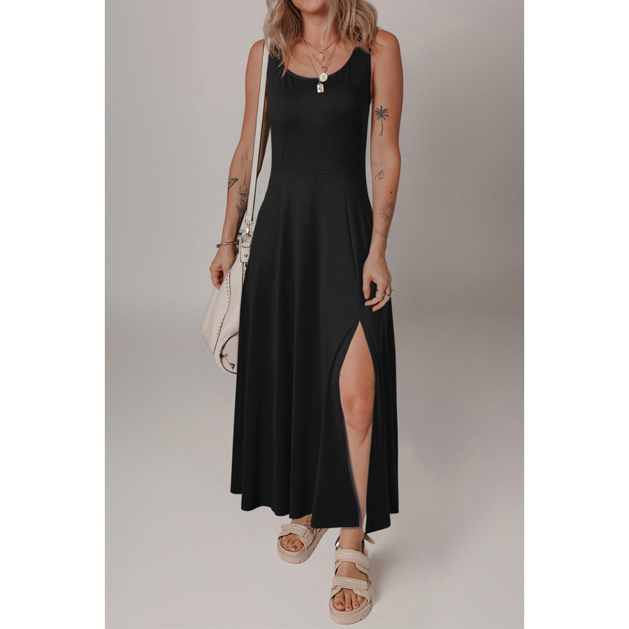 Black Sleeveless Scoop Neck Flared Split Midi Dress Black / S / 95% Polyester + 5% Elastane Dresses/Midi Dresses