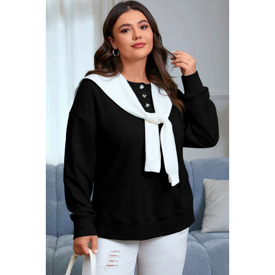 Black Solid Button Placket Crew Neck Plus Size Sweatshirt / 1X / 95% Polyester + 5% Elastane Size/Plus Sweatshirts & Hoodies