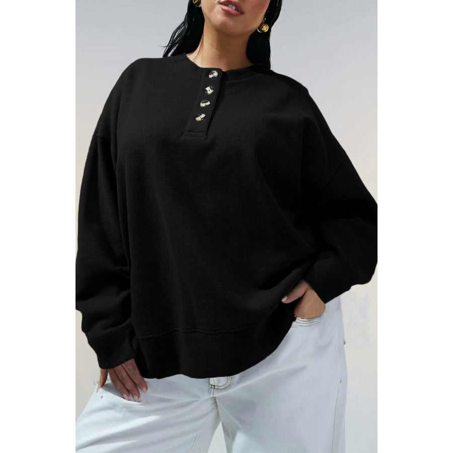 Black Solid Button Placket Crew Neck Plus Size Sweatshirt Size/Plus Sweatshirts & Hoodies