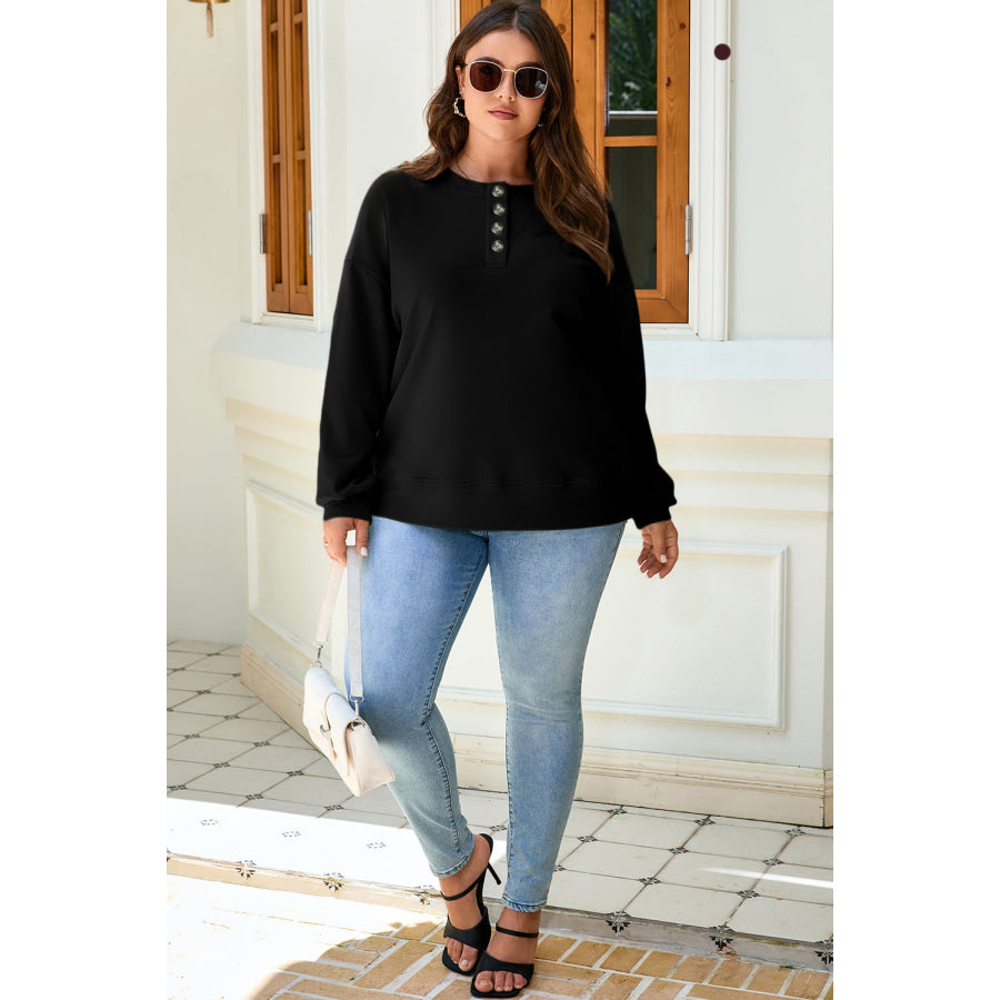 Black Solid Button Placket Crew Neck Plus Size Sweatshirt Size/Plus Sweatshirts & Hoodies
