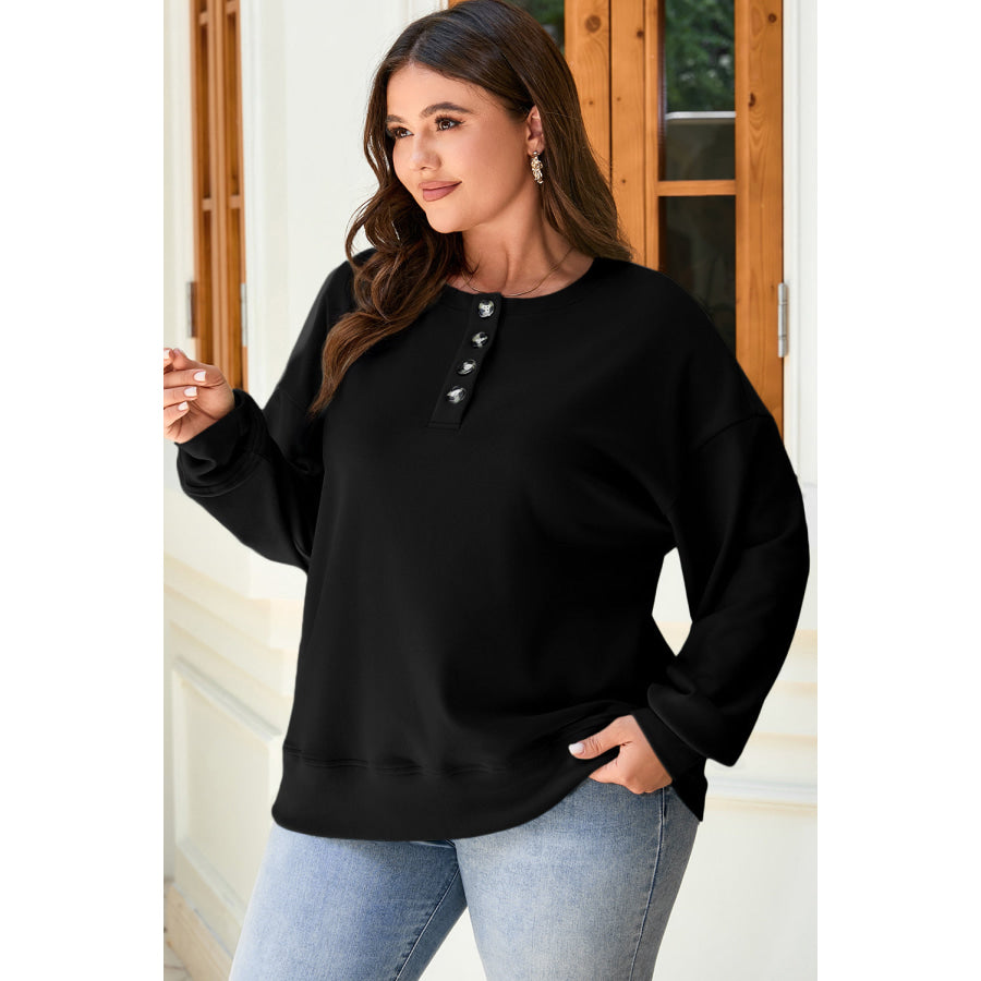 Black Solid Button Placket Crew Neck Plus Size Sweatshirt Size/Plus Sweatshirts & Hoodies