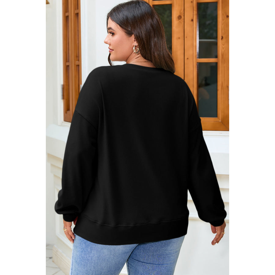 Black Solid Button Placket Crew Neck Plus Size Sweatshirt Size/Plus Sweatshirts & Hoodies
