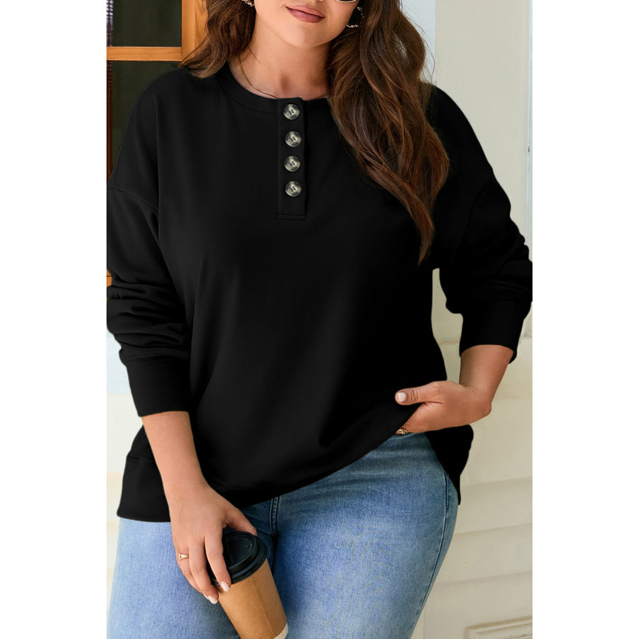 Black Solid Button Placket Crew Neck Plus Size Sweatshirt Size/Plus Sweatshirts & Hoodies