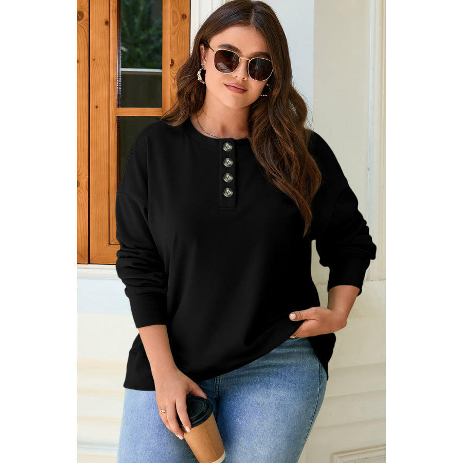 Black Solid Button Placket Crew Neck Plus Size Sweatshirt Size/Plus Sweatshirts & Hoodies