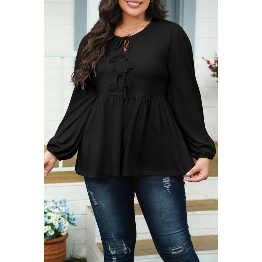 Black Solid Color Bow Tie Front Long Sleeve Plus Size Peplum Blouse Black / L / 62% Polyester + 32% Cotton + 6% Elastane Plus Size/Plus