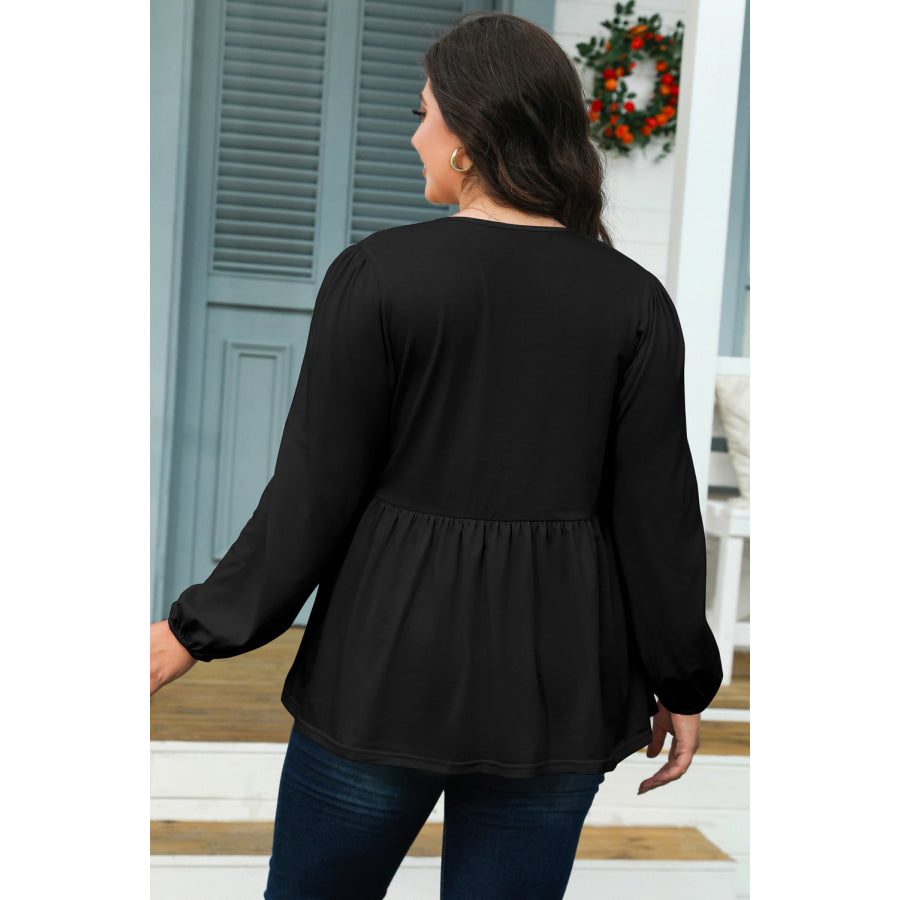 Black Solid Color Bow Tie Front Long Sleeve Plus Size Peplum Blouse Black / L / 62% Polyester + 32% Cotton + 6% Elastane Plus Size/Plus