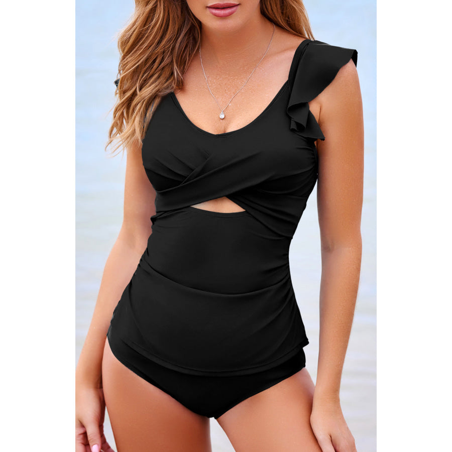 Black Solid Color Ruffle Detail Crossed Cutout Slim Tankini 2pcs Swimsuit Black / S / 82% Polyamide + 18% Elastane Swimwear/Tankinis