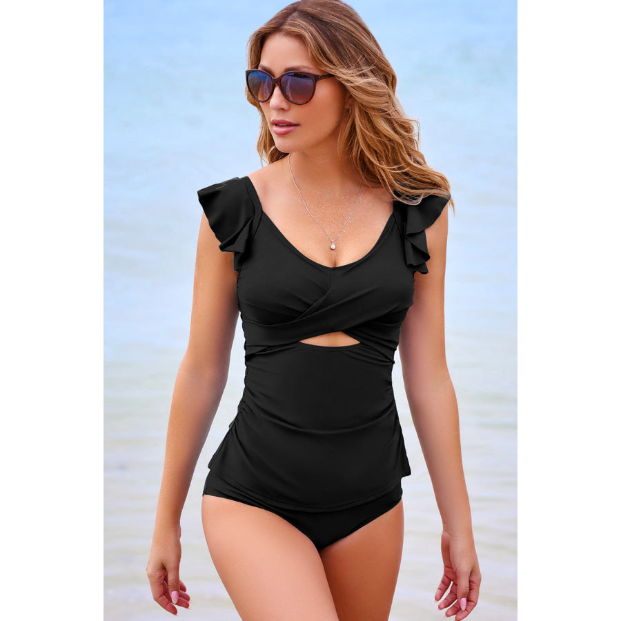 Black Solid Color Ruffle Detail Crossed Cutout Slim Tankini 2pcs Swimsuit Swimwear/Tankinis