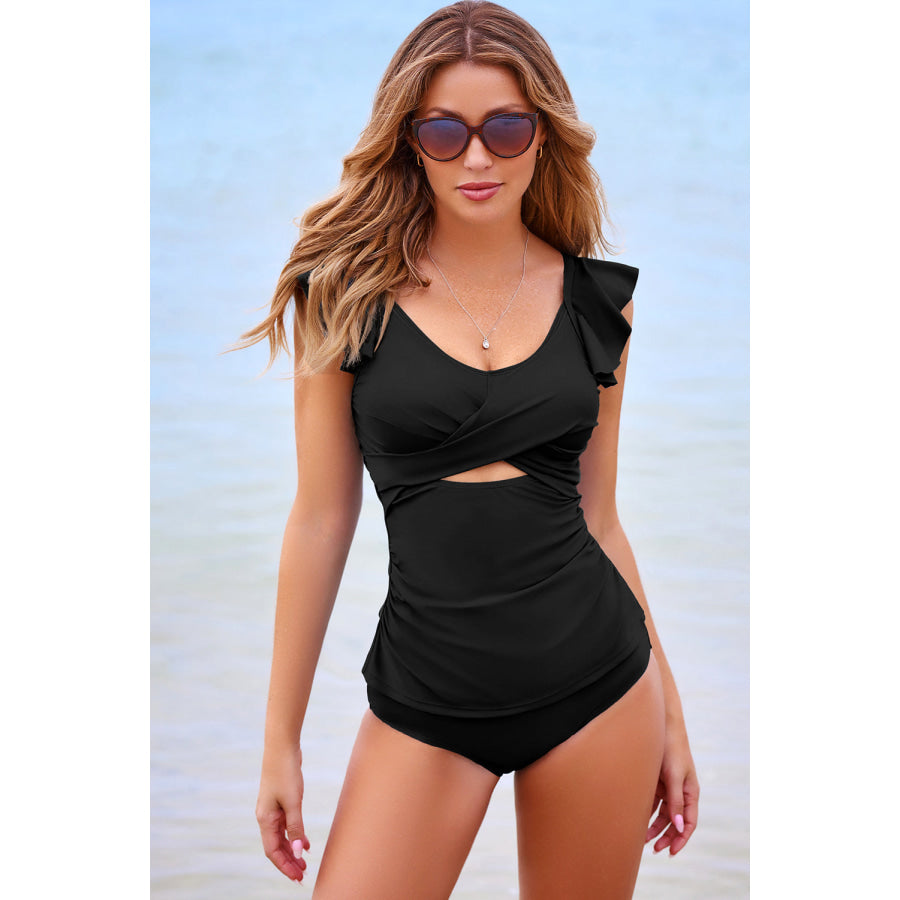 Black Solid Color Ruffle Detail Crossed Cutout Slim Tankini 2pcs Swimsuit Swimwear/Tankinis